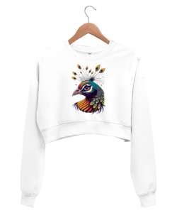 Tavus Kuşu Motifli Beyaz Kadın Crop Sweatshirt