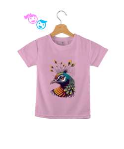 Tavus Kuşu Motifli Pembe Çocuk Unisex