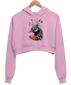 Tavus Kuşu Motifli Pembe Kadın Crop Hoodie Kapüşonlu Sweatshirt