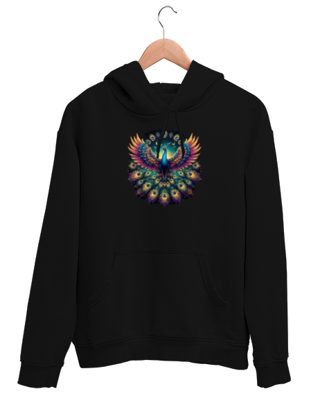 Tisho - Tavus kusu Siyah Unisex Kapşonlu Sweatshirt