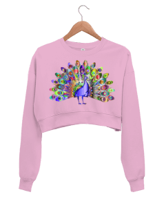 Tavuskuşu Tasarım Baskılı Kadın Crop Sweatshirt