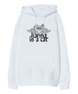 Taylor Swift Karma Is a Cat V3 Beyaz Oversize Unisex Kapüşonlu Sweatshirt