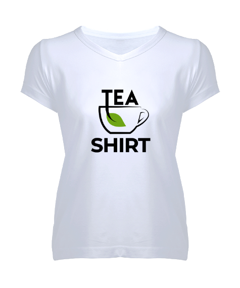 Tisho - Teashirt - Poşet Çay V2 Beyaz Kadın V Yaka Tişört