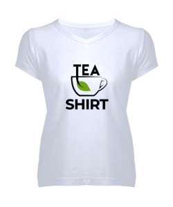 Teashirt - Poşet Çay V2 Beyaz Kadın V Yaka Tişört