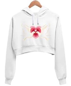 TEK KALP AŞK Beyaz Kadın Crop Hoodie Kapüşonlu Sweatshirt