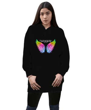 Tek Kanatlı Melek Kadın Uzun Hoodie Kapüşonlu Sweatshirt