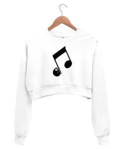 Tembel Hayvan ve Nota Beyaz Kadın Crop Sweatshirt