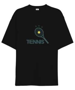 Tenis raketi desen tasarım baskılı Siyah Oversize Unisex Tişört