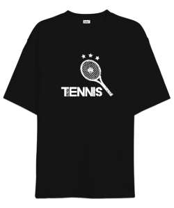 Tenis raketi desen tasarım baskılı, tenis yazısı 3 Siyah Oversize Unisex Tişört