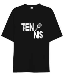 Tenis yazısı desen tasarım baskılı 3 Siyah Oversize Unisex Tişört