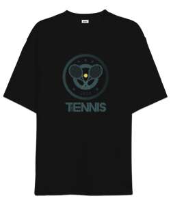 Tenis yazısı tenis topu desen tasarım baskılı Siyah Oversize Unisex Tişört