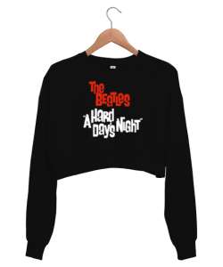 The Beatles - A Hard Days Night Siyah Kadın Crop Sweatshirt