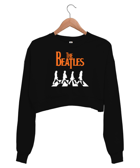 The Beatles V1 Siyah Kadın Crop Sweatshirt