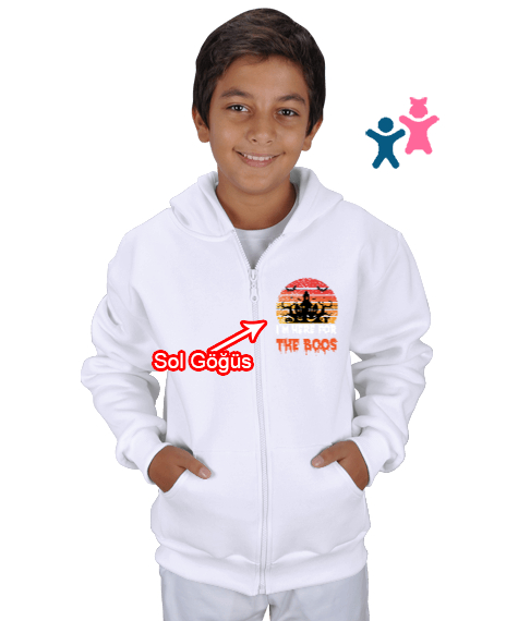 THE BOOS Beyaz Çocuk Kapüşonlu Hoodie Fermuarlı