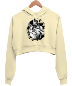 The Cat - Kedi Çizim- Kadın Crop Hoodie Kapüşonlu Sweatshirt