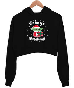 The Child Yeni Yıl Star Wars Grogu Galaxys Greetings Siyah Kadın Crop Hoodie Kapüşonlu Sweatshirt