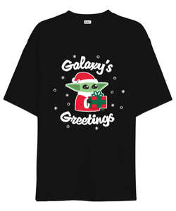 The Child Yeni Yıl Star Wars Grogu Galaxys Greetings Siyah Oversize Unisex Tişört