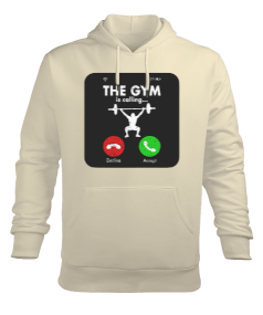 The GYM is calling Vücut Geliştirme Bodybuilding Fitness Tasarım Krem Erkek Kapüşonlu Hoodie Sweatshirt