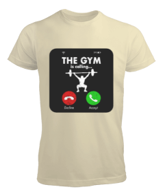 The GYM is calling Vücut Geliştirme Bodybuilding Fitness Tasarım Krem Erkek Tişört