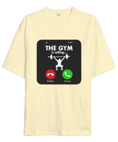 The GYM is calling Vücut Geliştirme Bodybuilding Fitness Tasarım Krem Oversize Unisex Tişört