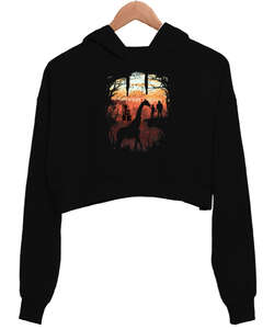 The Last of Us Joel ve Ellie Tasarım Baskılı Siyah Kadın Crop Hoodie Kapüşonlu Sweatshirt