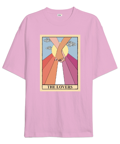 Tisho - The lovers aşıklar tarot kartı Pembe Oversize Unisex Tişört