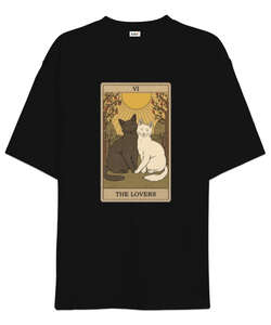 The lovers tarot kedi Siyah Oversize Unisex Tişört