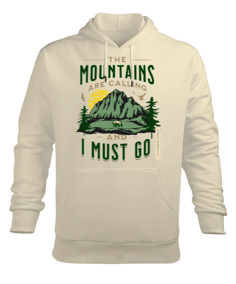 The Mountains Are Calling Baskılı Krem Erkek Kapüşonlu Hoodie Sweatshirt