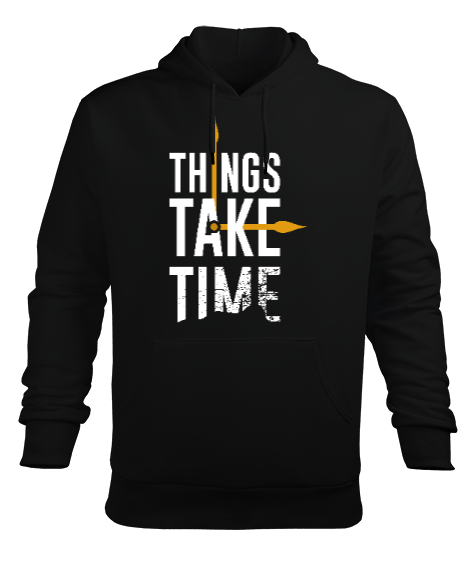 Things Take Time Baskılı Siyah Erkek Kapüşonlu Hoodie Sweatshirt