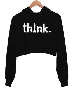 Think Chess, Satranç Düşün Tasarımı Baskılı Siyah Kadın Crop Hoodie Kapüşonlu Sweatshirt