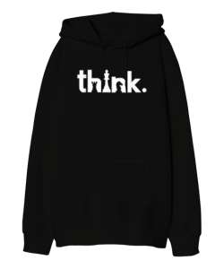 Think Chess, Satranç Düşün Tasarımı Baskılı Siyah Oversize Unisex Kapüşonlu Sweatshirt