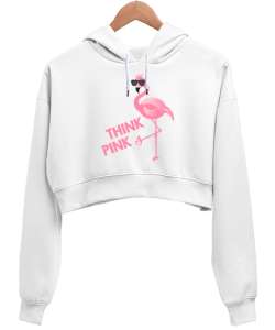 Think Pink - Pembe Düşün Beyaz Kadın Crop Hoodie Kapüşonlu Sweatshirt