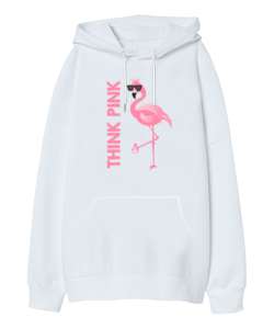 Think Pink - Pembe Düşün Beyaz Oversize Unisex Kapüşonlu Sweatshirt