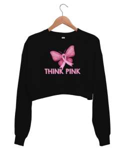 Think Pink - Pembe Düşün Siyah Kadın Crop Sweatshirt