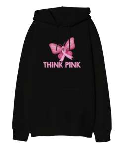 Think Pink - Pembe Düşün Siyah Oversize Unisex Kapüşonlu Sweatshirt