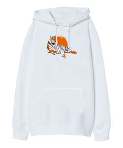 Tiger Sun Beyaz Oversize Unisex Kapüşonlu Sweatshirt