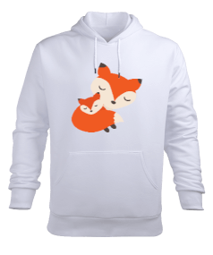 Tilki Baskılı Beyaz Erkek Kapüşonlu Hoodie Sweatshirt