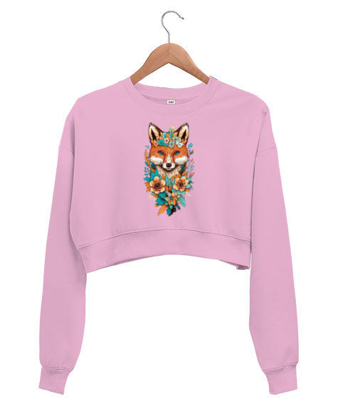 Tilki Baskılı Pembe Pembe Kadın Crop Sweatshirt