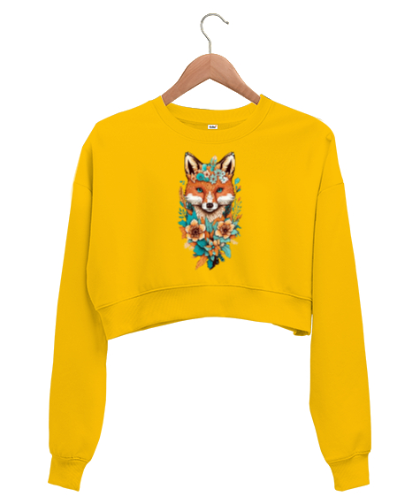 Tilki Baskılı Sarı Sarı Kadın Crop Sweatshirt