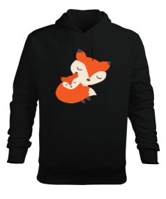 Tilki Baskılı Siyah Erkek Kapüşonlu Hoodie Sweatshirt