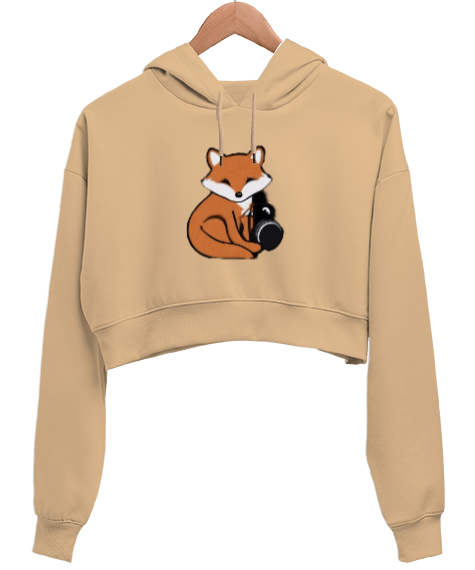 Tisho - Tilki Camel Kadın Crop Hoodie Kapüşonlu Sweatshirt