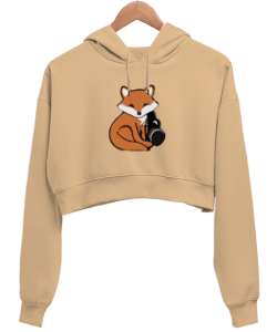 Tilki Camel Kadın Crop Hoodie Kapüşonlu Sweatshirt