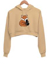 Tilki Camel Kadın Crop Hoodie Kapüşonlu Sweatshirt - Thumbnail