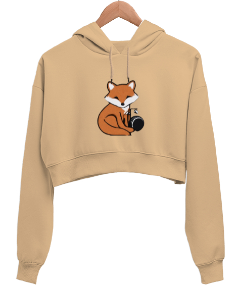 Tisho - Tilki Camel Kadın Crop Hoodie Kapüşonlu Sweatshirt