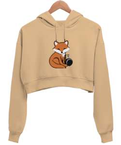 Tilki Camel Kadın Crop Hoodie Kapüşonlu Sweatshirt