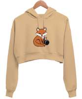 Tilki Camel Kadın Crop Hoodie Kapüşonlu Sweatshirt - Thumbnail