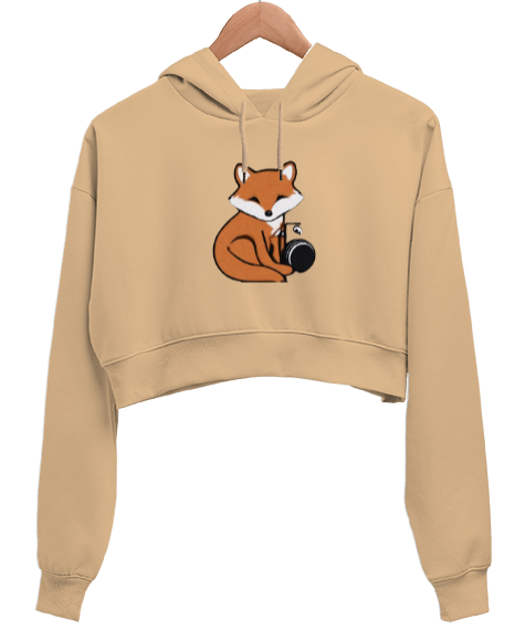 Tisho - Tilki Camel Kadın Crop Hoodie Kapüşonlu Sweatshirt