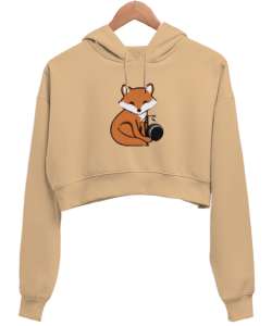 Tilki Camel Kadın Crop Hoodie Kapüşonlu Sweatshirt