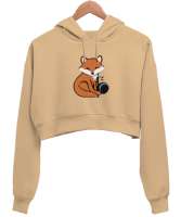 Tilki Camel Kadın Crop Hoodie Kapüşonlu Sweatshirt - Thumbnail