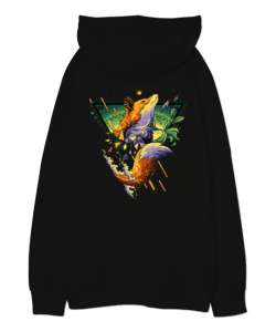 tilki desenli Siyah Oversize Unisex Kapüşonlu Sweatshirt